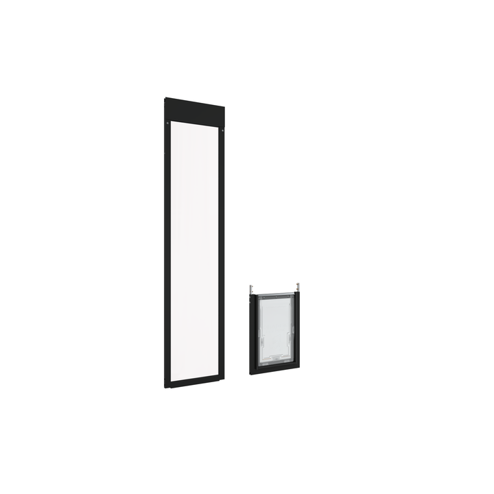 A black Dragon brand double flap pet door insert for aluminum sliding glass doors, separated from the door frame and tilted open. The door is easy to remove and install, even when tilted.