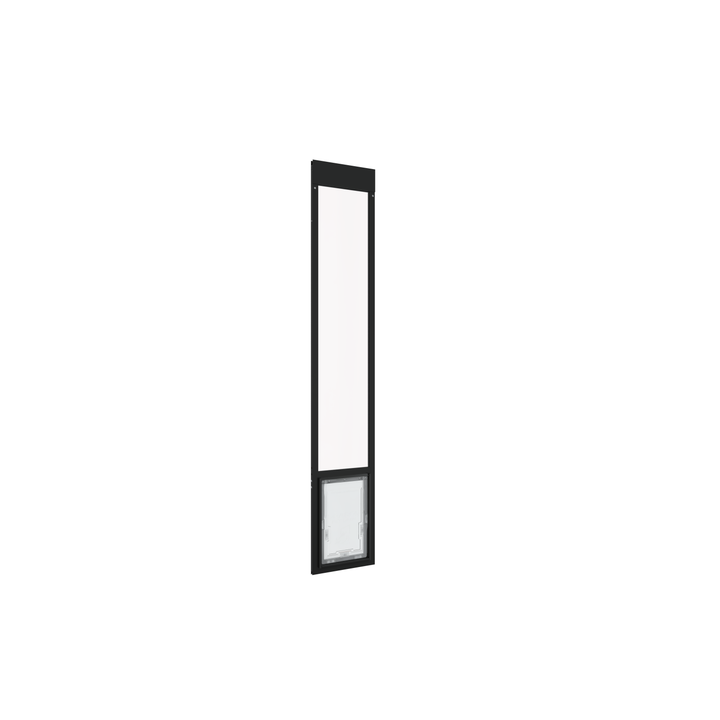A black Dragon brand double flap pet door insert for aluminum sliding glass doors, closed, with the locking cover in place. The door includes a C-Clamp lock for added security.