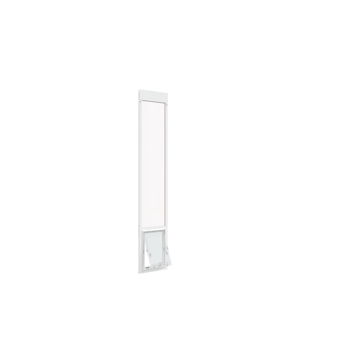 A white Dragon brand double flap pet door insert for aluminum sliding glass doors, closed, with a view of the door's sturdy aluminum framing.
