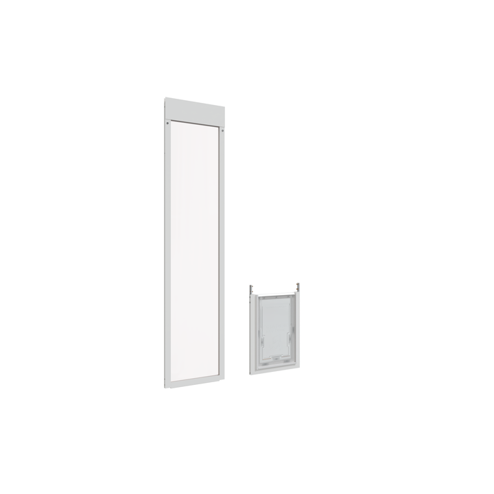 A white Dragon brand double flap pet door insert for aluminum sliding glass doors, separated from the door frame and tilted open. The door is easy to remove and install, even when tilted. 
