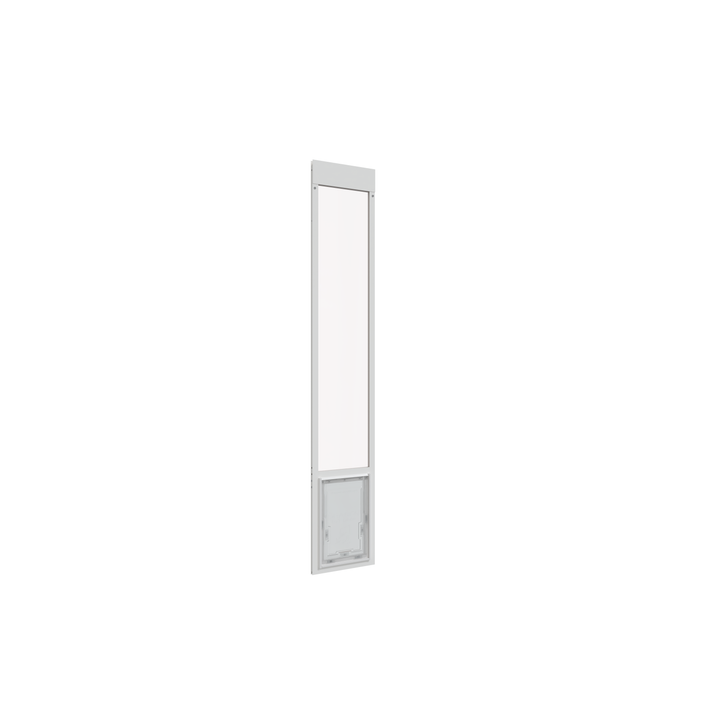 A white Dragon brand double flap pet door insert for aluminum sliding glass doors, open. The door installs easily with a spring-loaded design.
