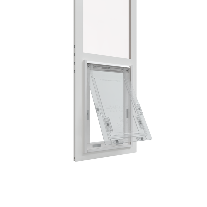  Medium white Dragon single flap pet door for aluminum sliding glass doors, front view, open. Removable pet door solution for aluminum sliding glass doors. 