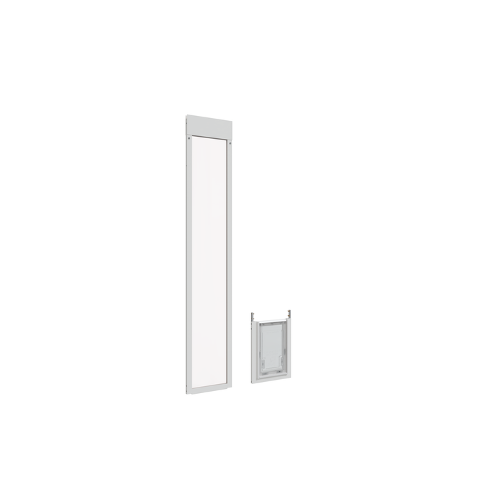  A white Dragon brand double flap pet door insert for aluminum sliding glass doors, separated from the door frame and tilted open. The door is easy to remove and install, even when tilted. 