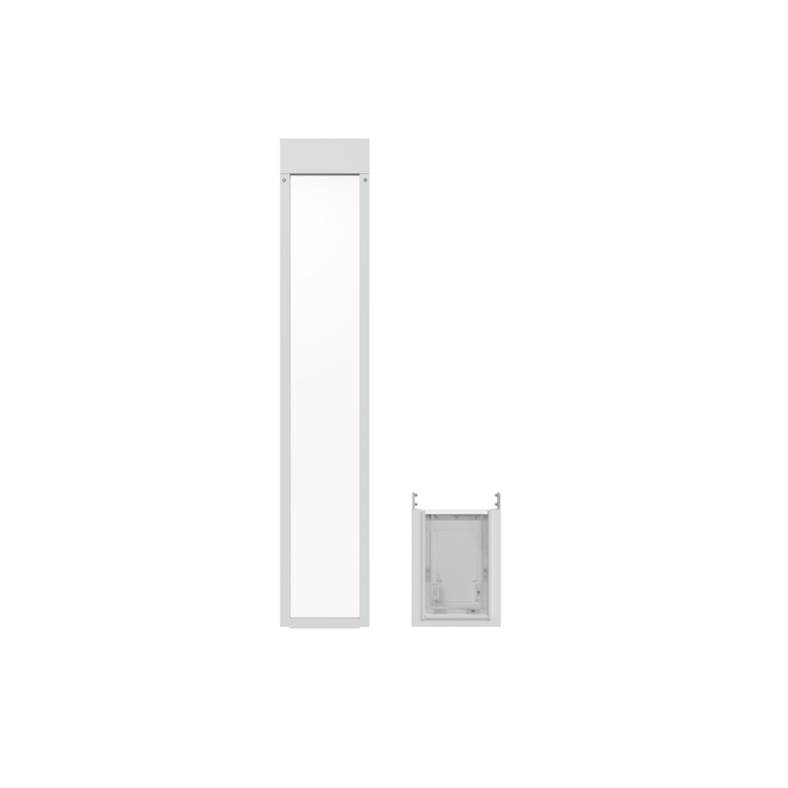  Medium white Dragon single flap pet door for aluminum sliding glass doors, front view, separated. Aluminum frame available in black or white to match your home's decor. 