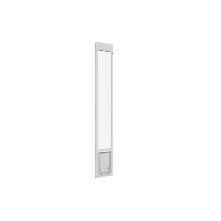  Medium white Dragon single flap pet door for aluminum sliding glass doors, front view, angled. Two-piece flap design for improved insulation and energy efficiency.