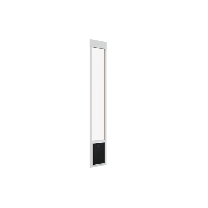  Medium white Dragon single flap pet door for aluminum sliding glass doors, front view, angled, with locking cover. Sturdy, flexible polyolefin elastomer flap material for insulation and pet comfort.