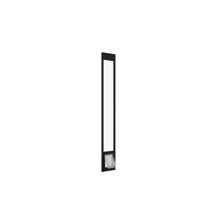 A front view of a black Dragon brand double flap pet door insert for aluminum sliding glass doors, closed. The door includes a C-Clamp lock and a sturdy black locking cover.