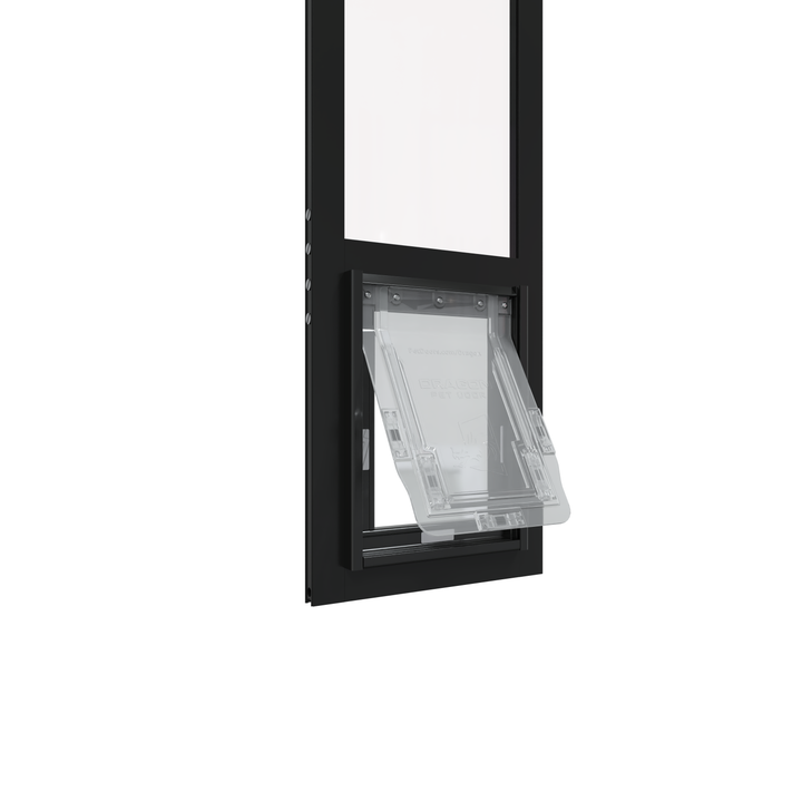  Small black Dragon single flap pet door for aluminum sliding glass doors, front view, open, zoomed in. Two-piece flap design for improved insulation and energy efficiency. 