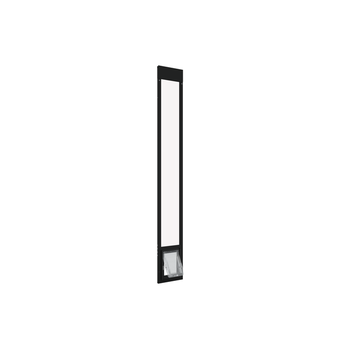  Small black Dragon single flap pet door for aluminum sliding glass doors, front view, open. Single-pane, tempered glass suited for moderate climates. 