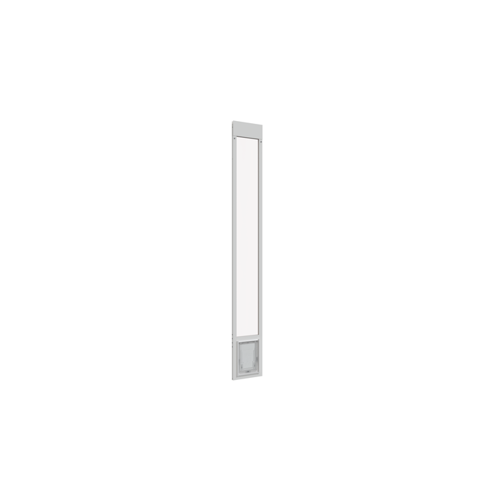  Small white Dragon single flap pet door for aluminum sliding glass doors, front view, angled. Easy-to-remove panel design, ideal for temporary installations or rental properties. 