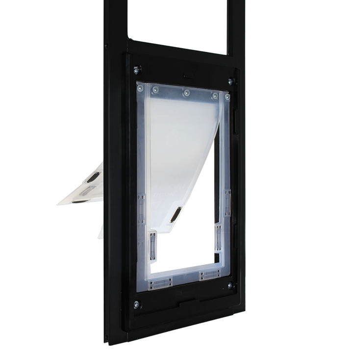 Black Dragon Double Flap Pet Door for Windows from the side, showing the two flaps tilted open.