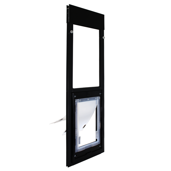 Black Dragon Double Flap Pet Door for Windows from the side, showing the two flaps open.