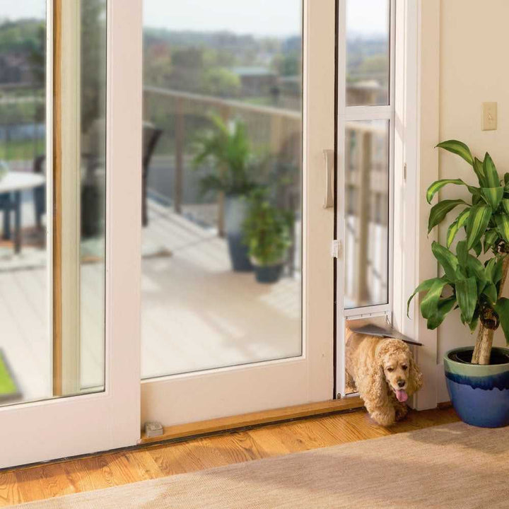 PetSafe 1-Piece Sliding Glass Pet Door for Dogs & Cats - Adjustable Height  91 7/16 to 96- Large, White, No-Cut DIY Install, Aluminum Patio Panel