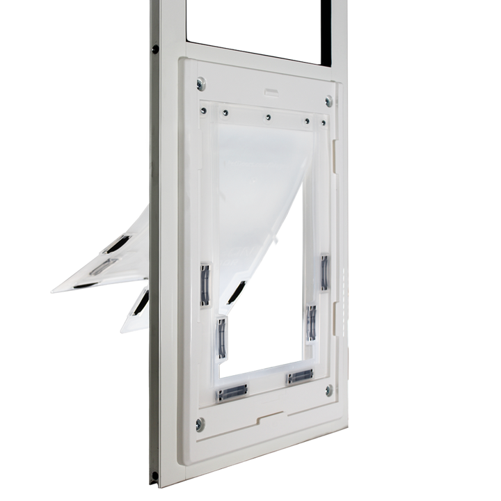 White Dragon Double Flap Pet Door for Windows from the side, showing the two flaps tilted open.