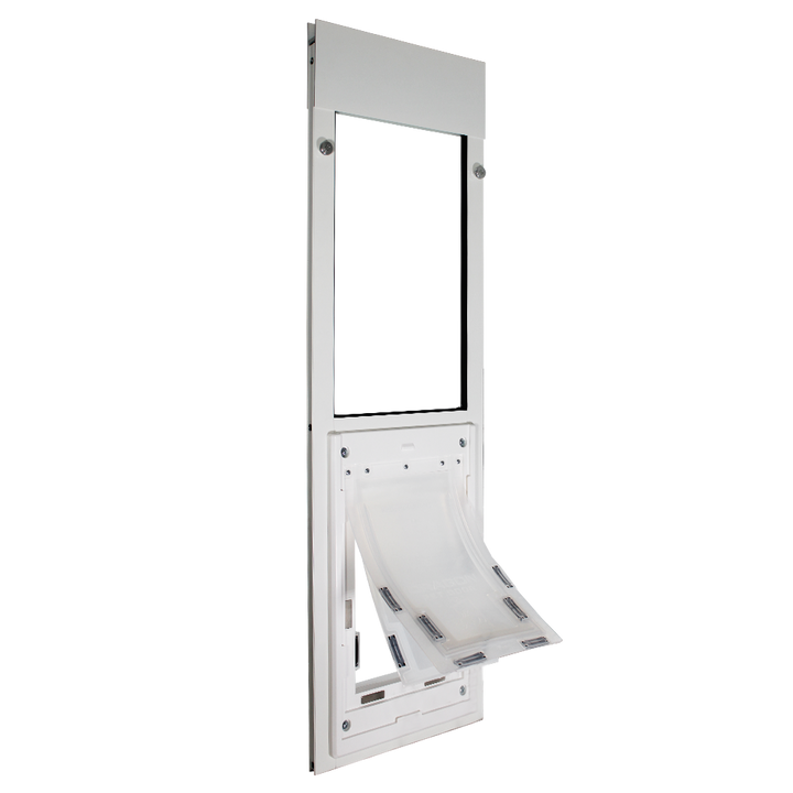 White Dragon Double Flap Pet Door for Windows from the back, showing the two flaps tilted open.